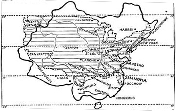 Map of the United States Superimposed on the Map of China in Corresponding Latitudes. Reprinted from Owen and Eleanor Lattimore, Making of Modern China. Courtesy of W. W. Norton & Company.